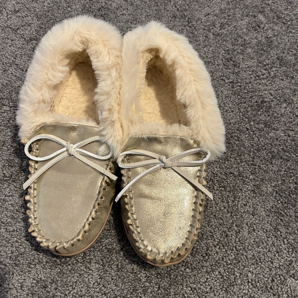 J. Crew 9, gold slippers